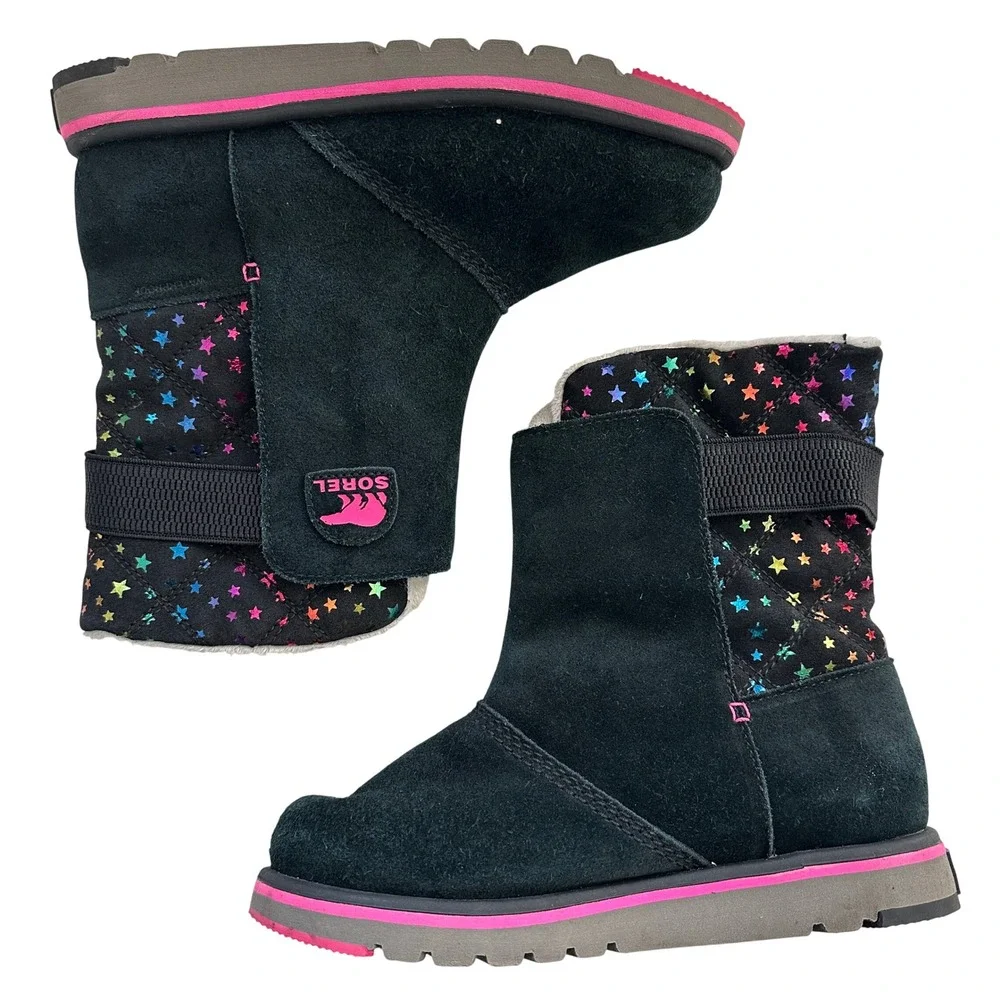 Sorel Youth Rylee Boot Winter Snow Boots Black Suede Rainbow Stars Size 4